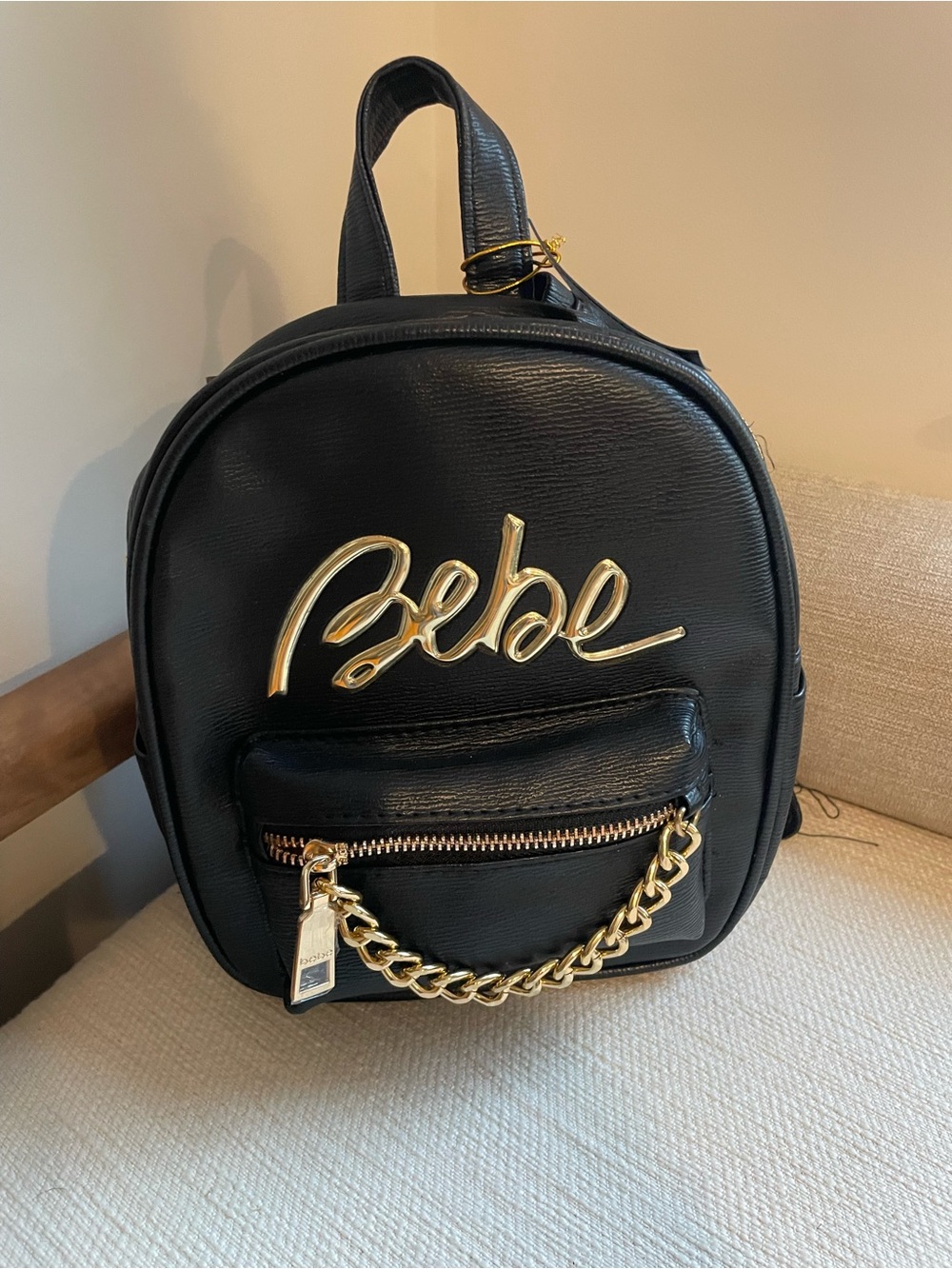 bebe Black Mini Backpack with Gold Logo and Chain
